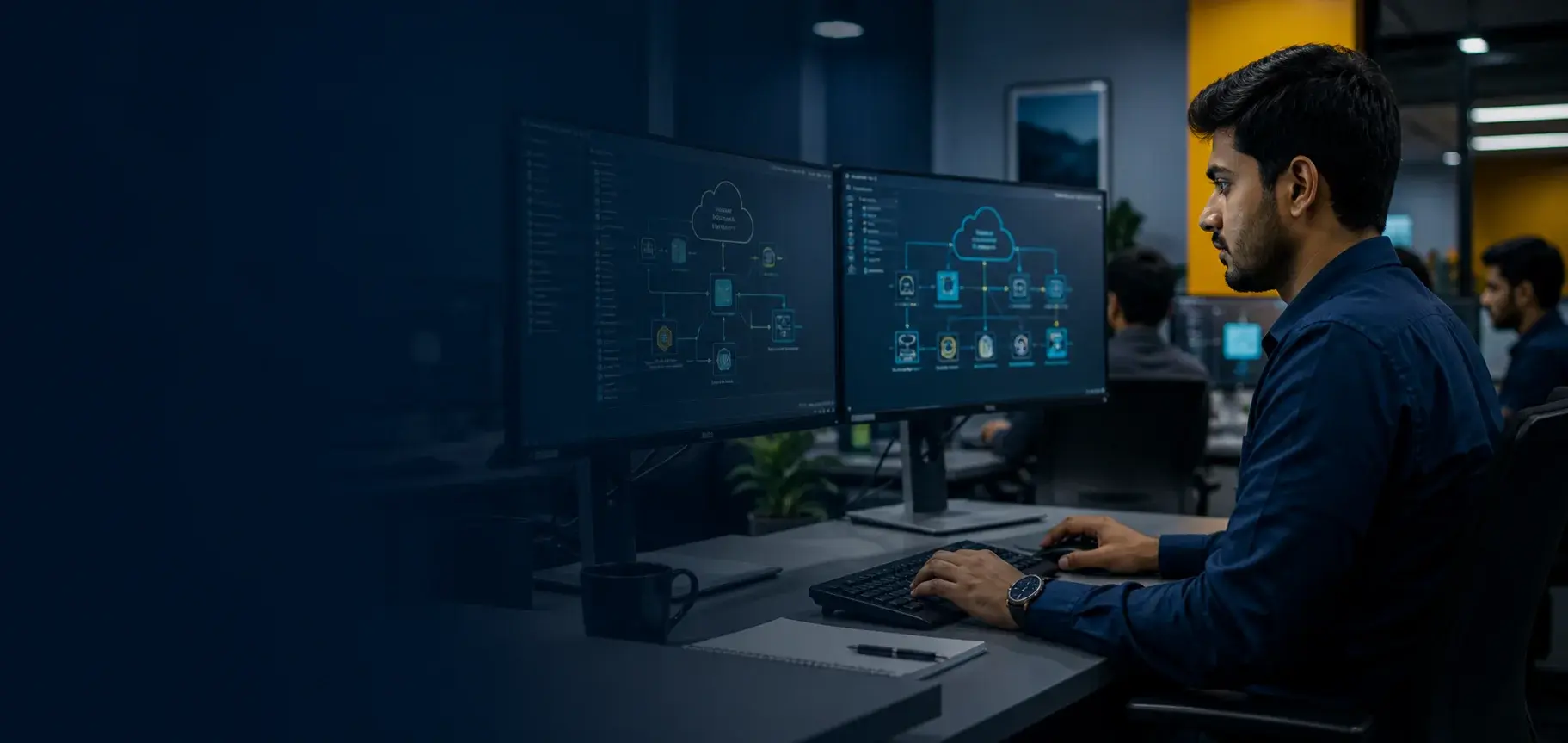 Pakistani learner working with cloud infrastructure diagrams