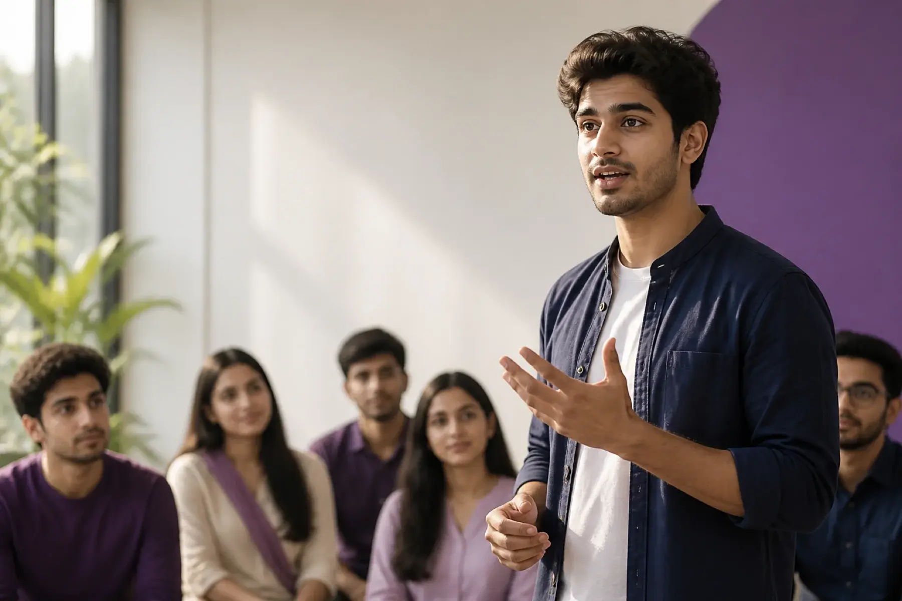 Pakistani student delivering a presentation to a young audience