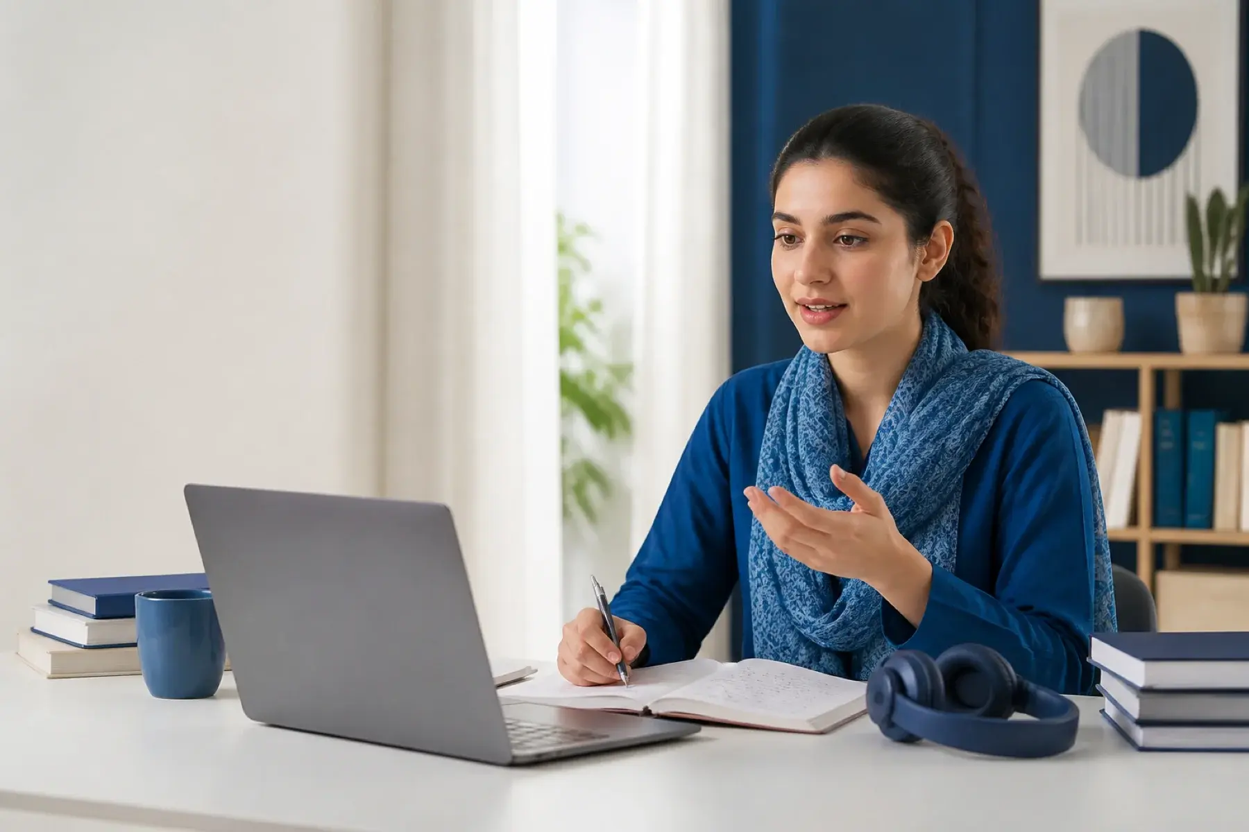 Pakistani student preparing for an online English speaking assessment