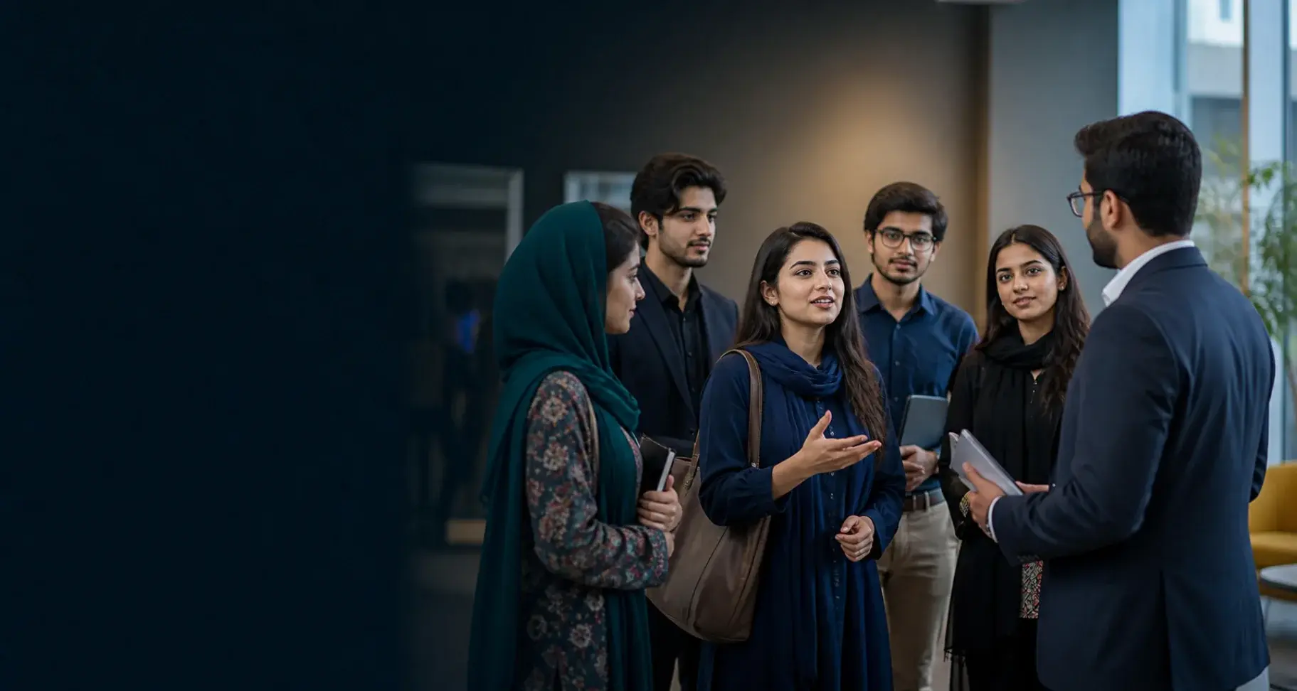 Pakistani students speaking with an employer representative at a career networking session