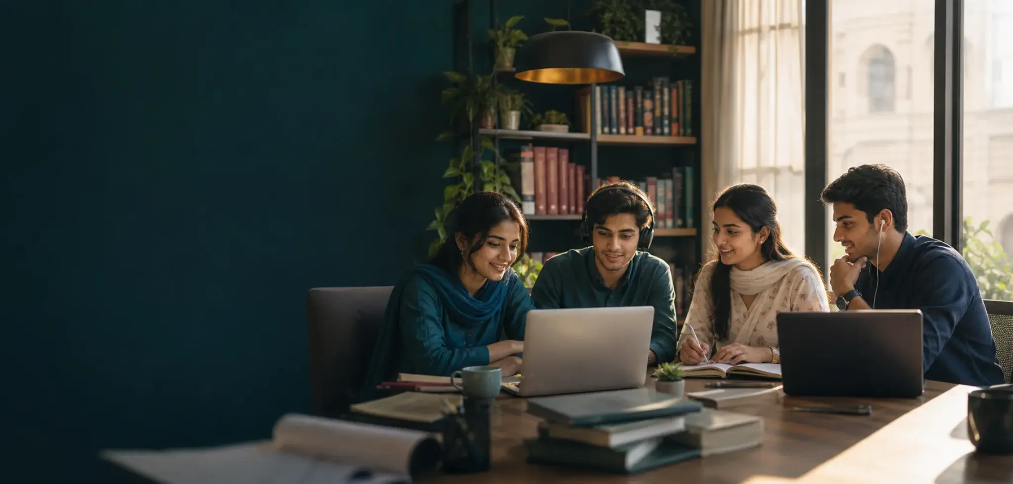 Pakistani students exploring language courses together