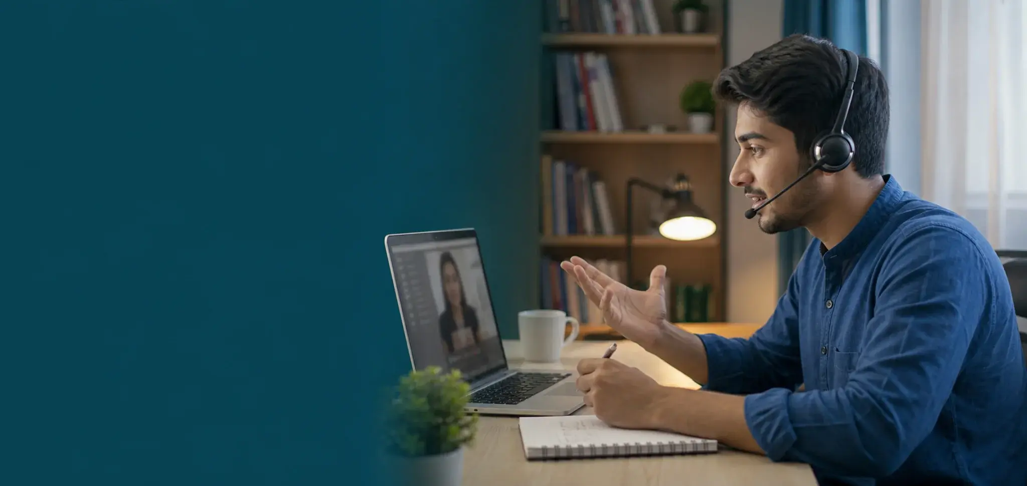 Pakistani student practising a language in a guided online lesson
